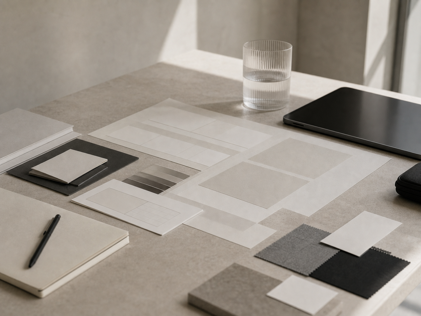 A calm workspace with blank planning materials and neutral design samples