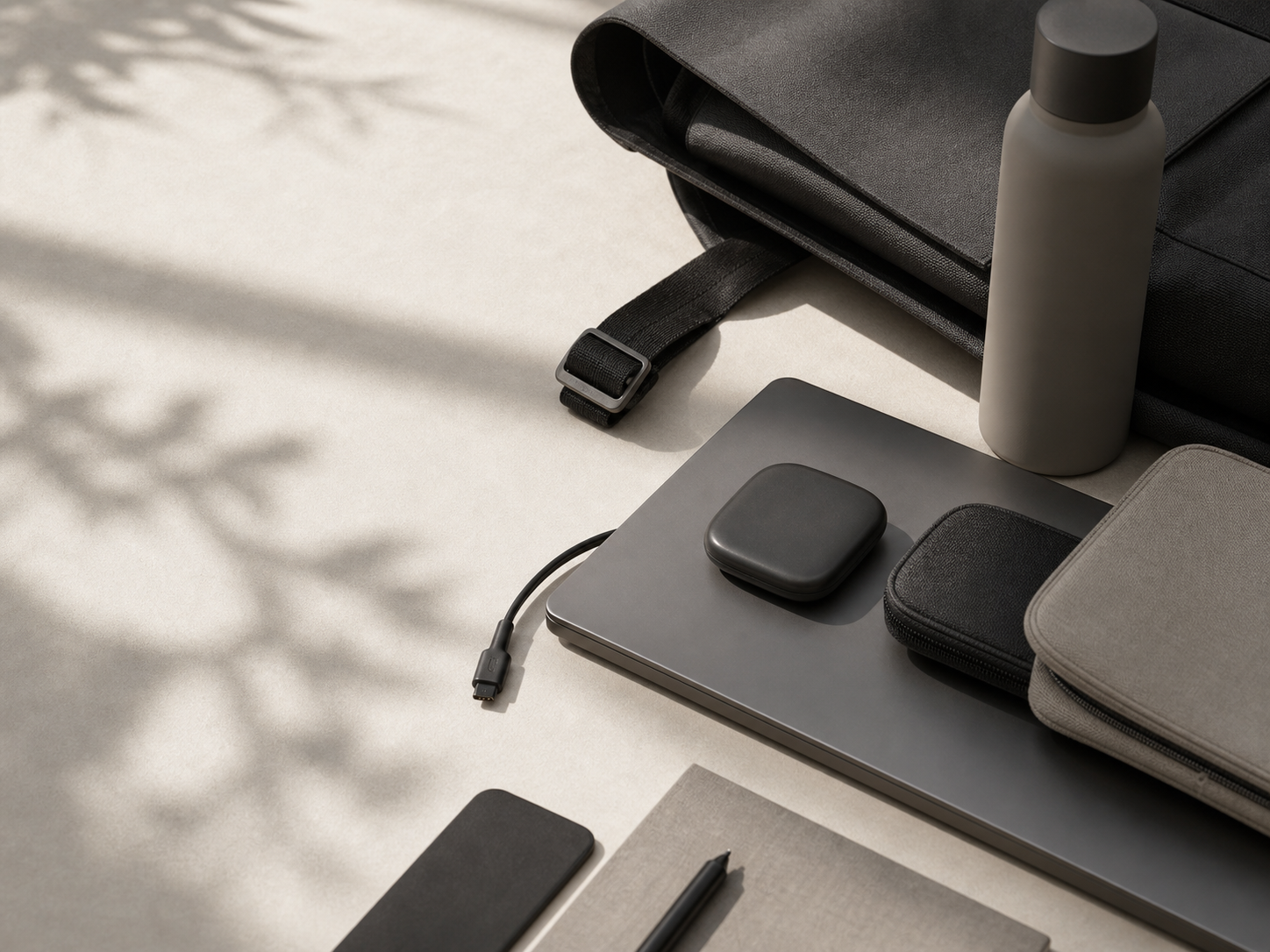 Neutral carry objects, fabric textures, and tech accessories arranged in soft daylight