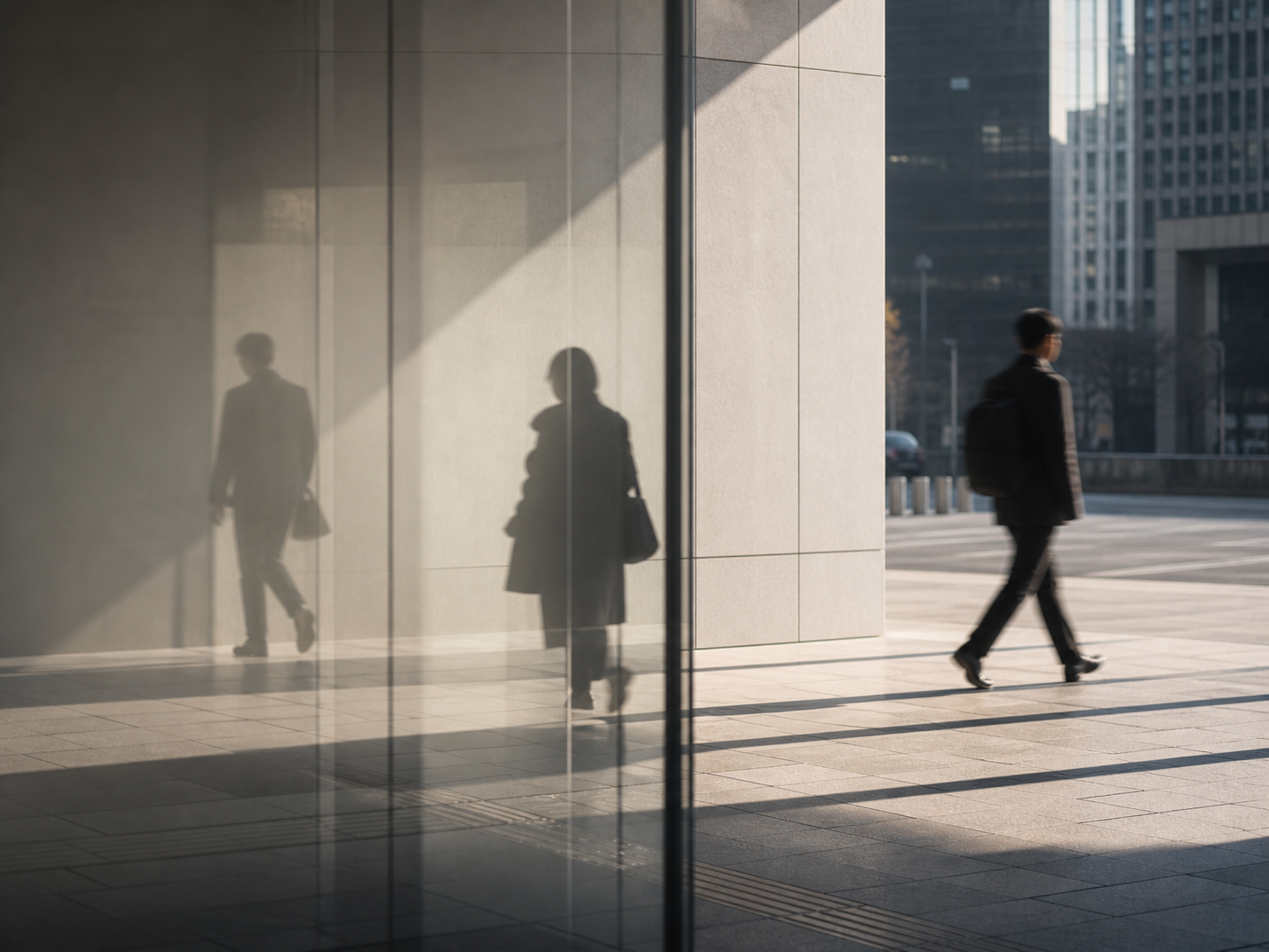 Anonymous urban professionals moving through a quiet modern business district